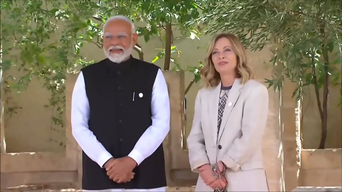 PM Shri Narendra Modi is welcomed by Italian PM Giorgia Meloni at the #G7Summit in Italy.