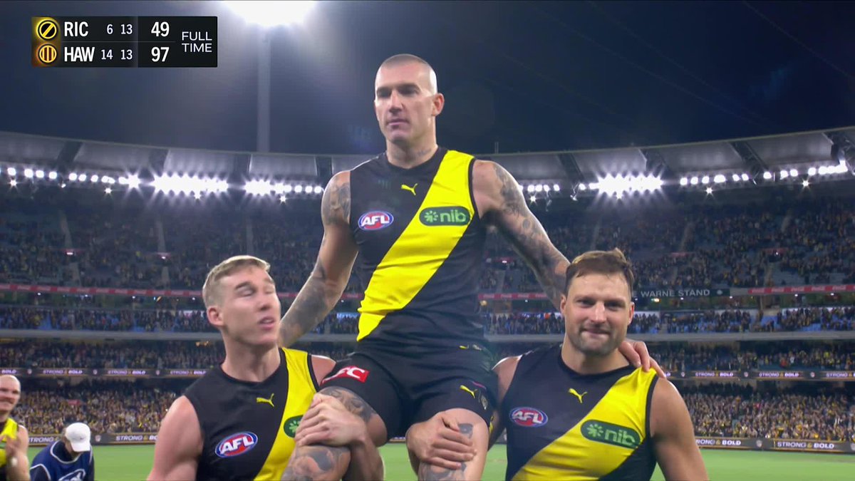 "All the love I've received this week has meant the absolute world." Congratulations on 300 of the best, Dusty 💛🖤 #AFLTigersHawks