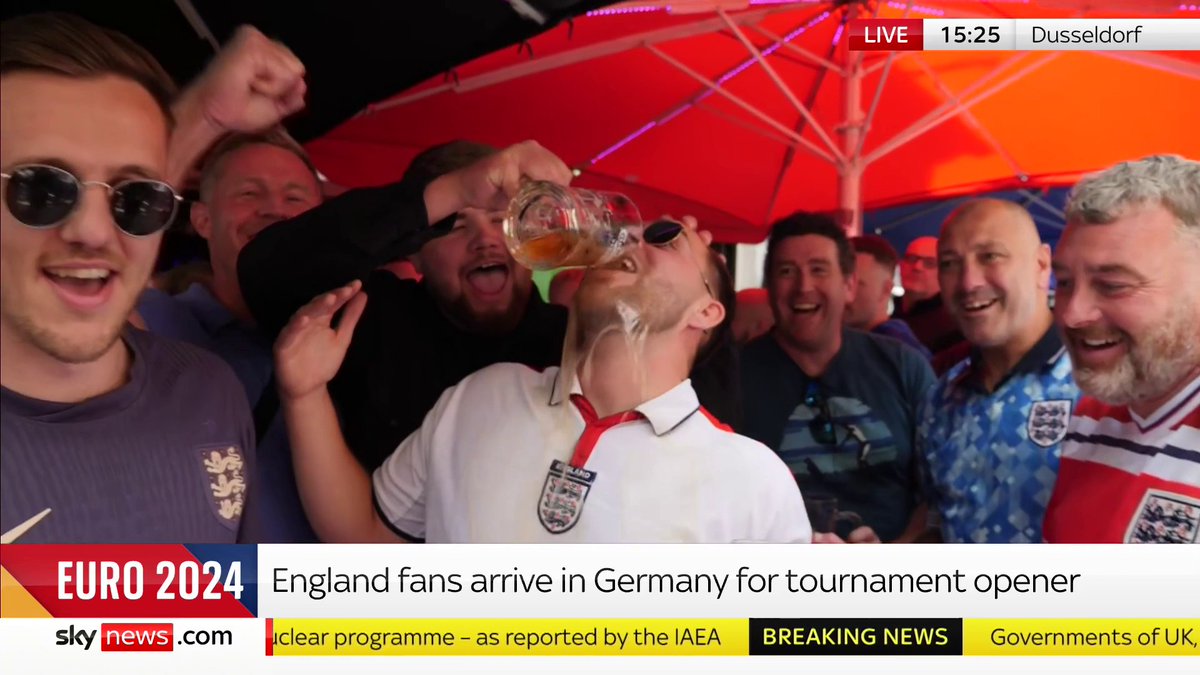 "The drink is going down very well!" 🍻 Sky's Siobhán Robbins Sky reports live from the largest bar in Europe, located in Dusseldorf, Germany, as the atmosphere builds for England fans eagerly anticipating the first Euros match against Serbia. 🔗 📺 Sky 501
