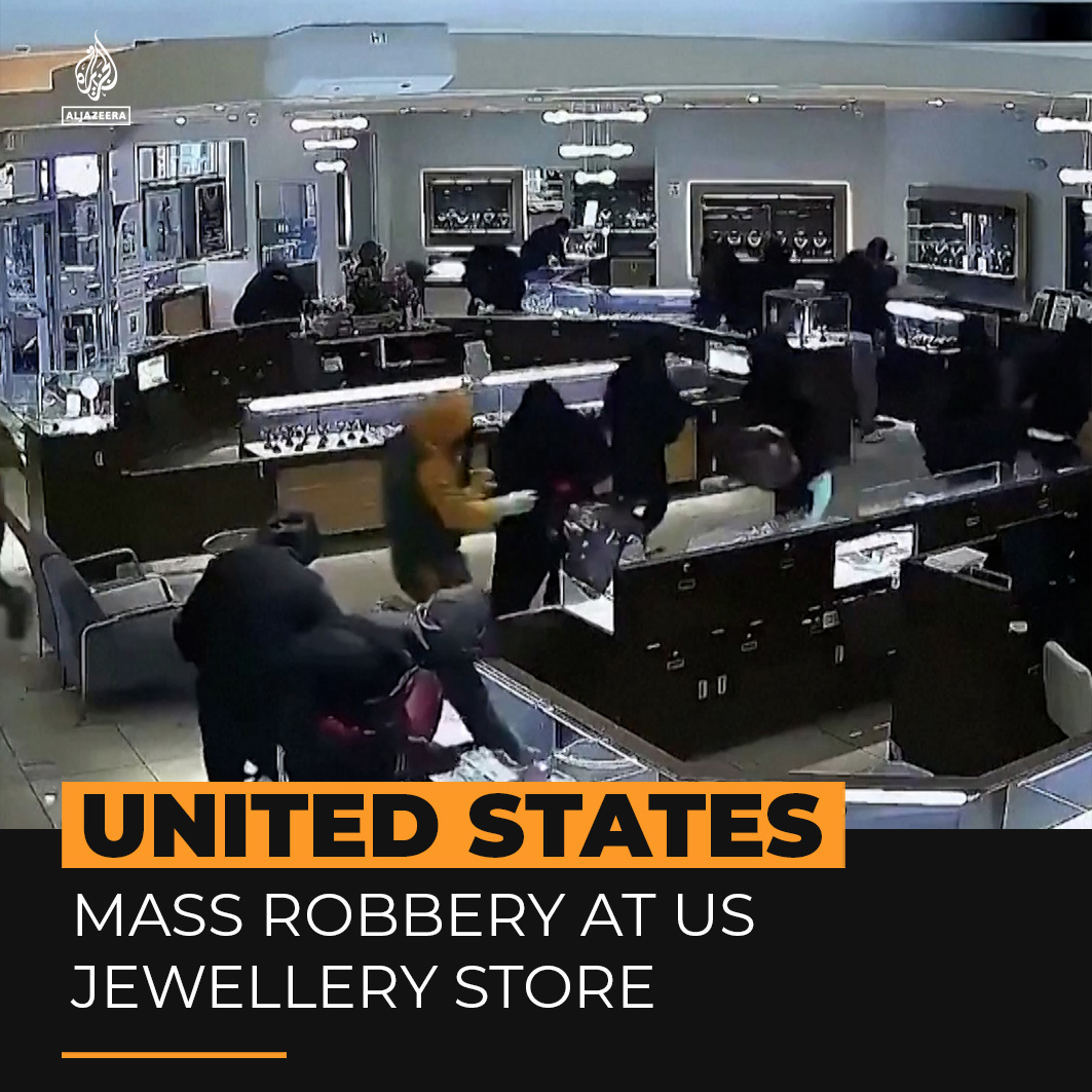 Surveillance footage inside a California jewellery store captured nearly two dozen masked men smashing display cases and stealing the items inside. Police arrested five suspects after a car chase.