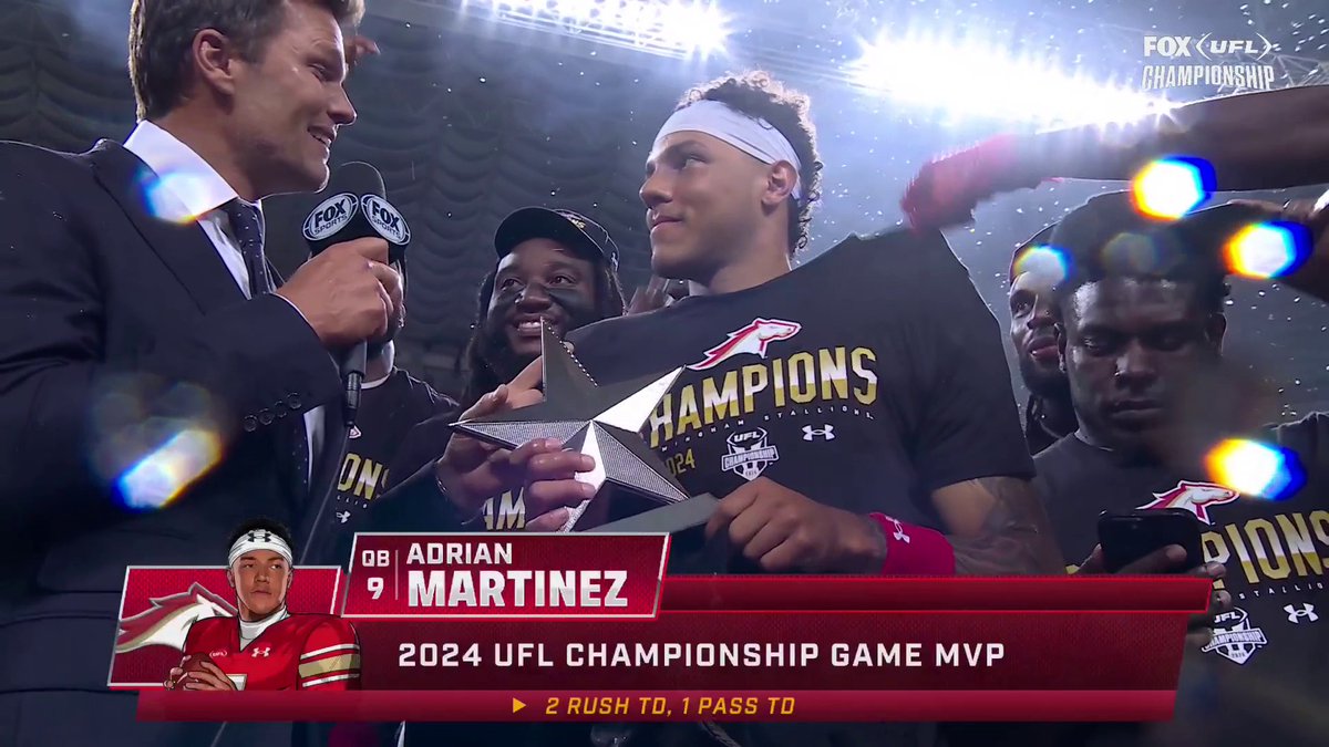 The 🐐 Tom Brady presents Adrian Martinez the UFL Championship MVP Trophy 🏆