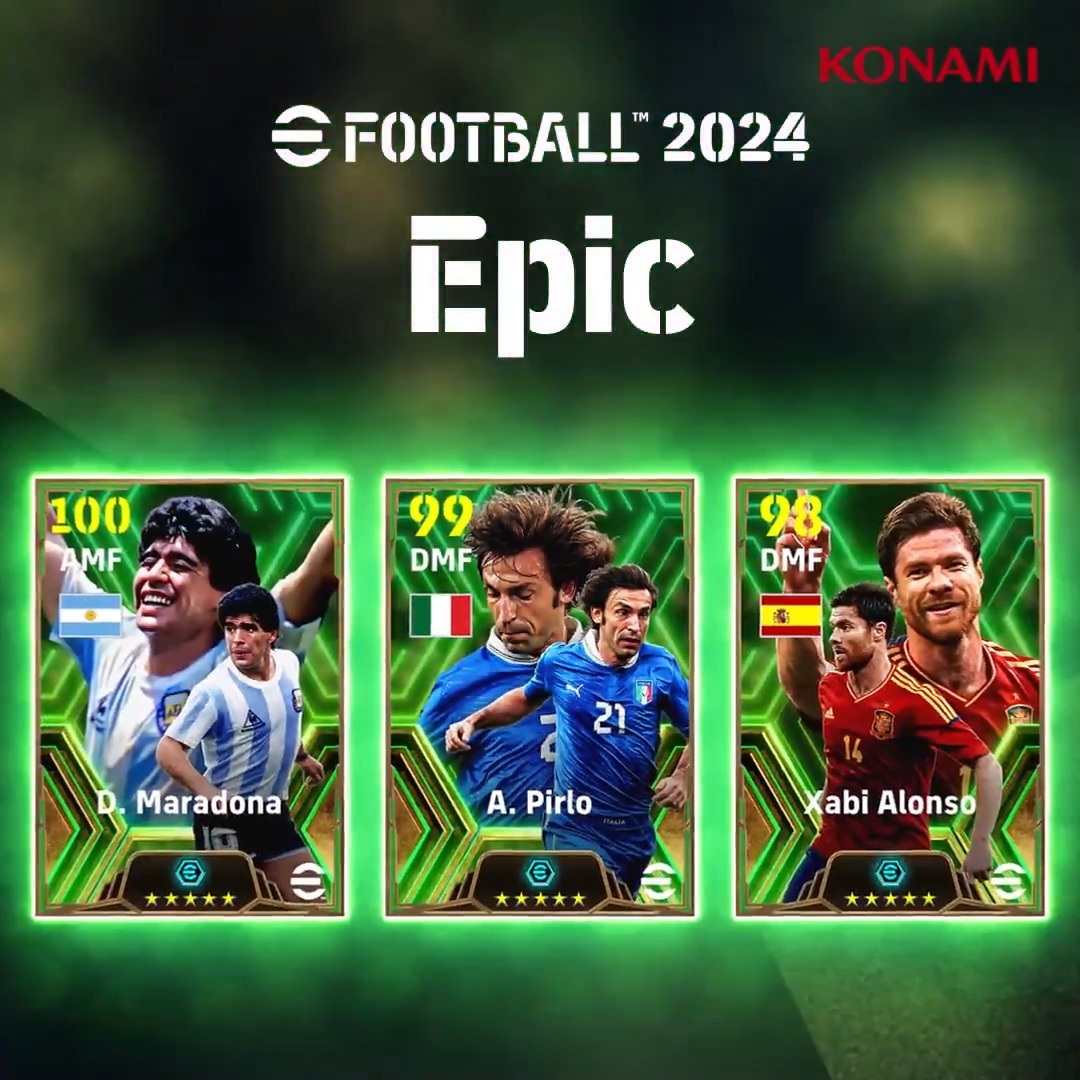【Epic: National Midfielders】 各国を代表する伝説的なミッドフィルダーが登場！ 🇮🇹アンドレア ピルロ (テクニック ＋2) 🇦🇷ディエゴ マラドーナ (ボールキャリー ＋2) 🇪🇸シャビ アロンソ (テクニック ＋2) レジェンド選手を獲得してナショナルイベントを楽しもう！ #eFootball #イーフト