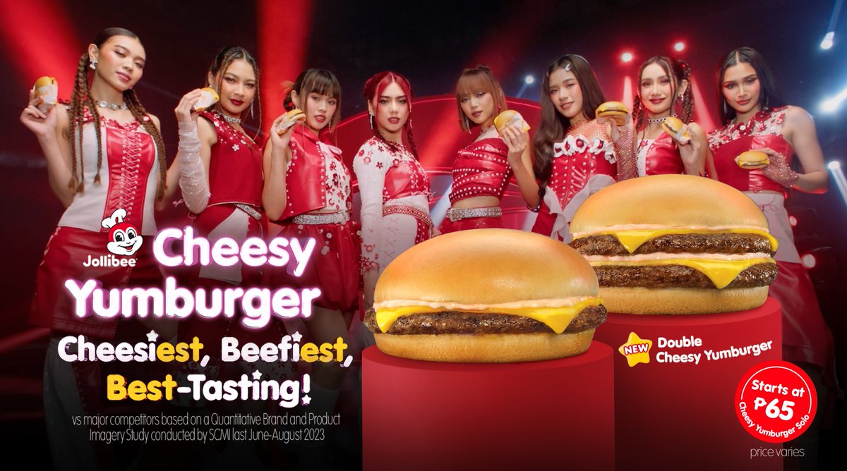Cheer on #JolliBINI with the Cheesiest, Beefiest, Best-Tasting Cheesy Yumburger! 🍔🌸✨(based on a Quantitative Brand and Product Imagery Study conducted by SCMI last June-August 2023) And now, you can also enjoy our NEW Double Cheesy Yumburger! #CheesyYumburgerKo