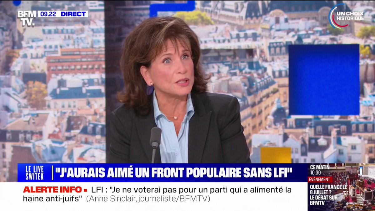 Législatives: Anne Sinclair assure qu'elle votera "à gauche", mais pas pour un candidat LFI