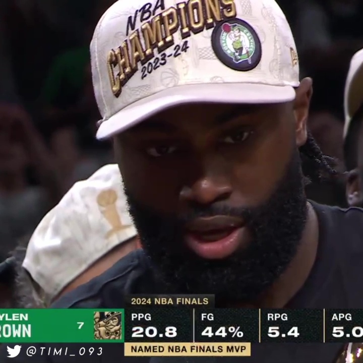 Jaylen Brown gets the finals MVP, and the first thing he does is he shout-outs his Celtics teammates and his partner in crime Jayson Tatum: