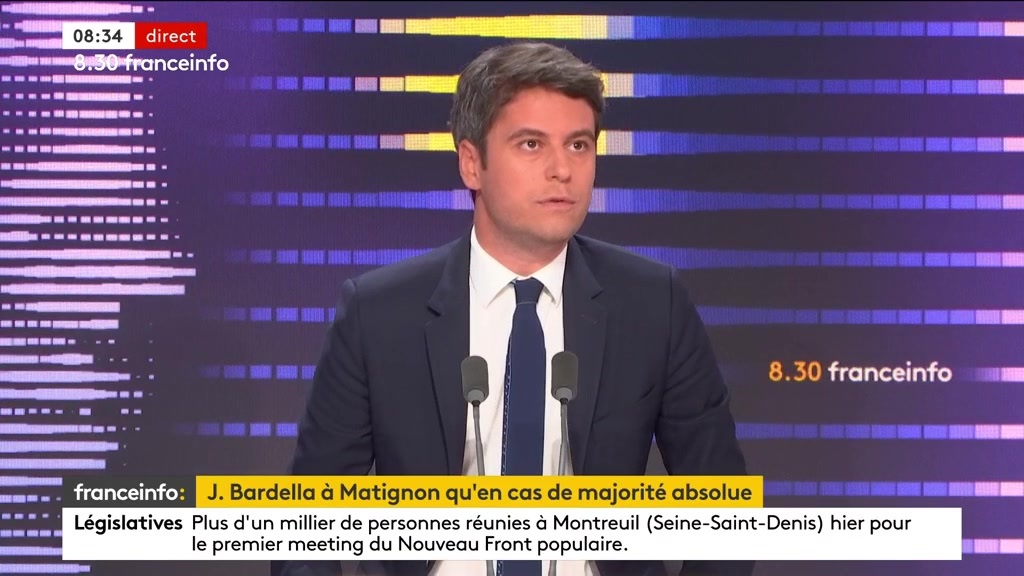 🔴 " On voit depuis quelques jours, que s'agissant de J. Bardella, qu'il y a de moins en moins de programme et de plus en plus de conditions. Cela commence à ressembler à un refus d'obstacles ", estime Gabriel Attal, premier Ministre.