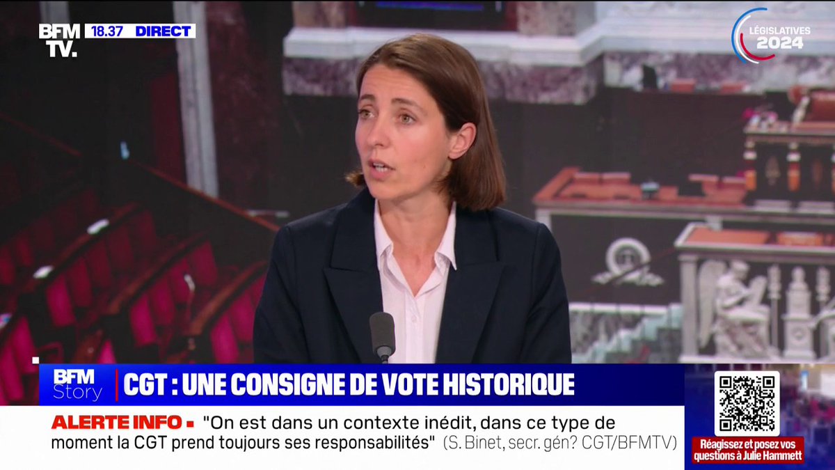 Appel de la CGT à voter pour le Nouveau Front populaire: "Nous pensons que c'est le programme qui répond le mieux à nos aspirations", justifie Sophie Binet (Sophie Binet)
