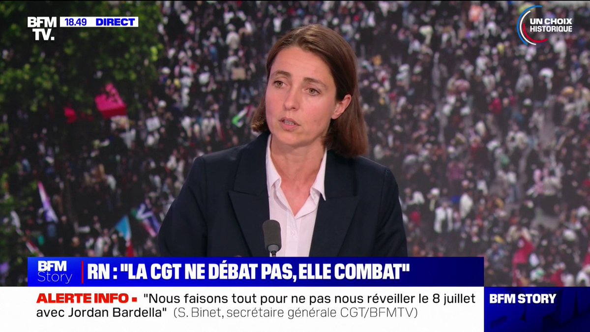Appel de la CGT à voter pour le Nouveau Front populaire: "La CGT ne débat pas avec l'extrême droite, elle la combat", affirme Sophie Binet (Sophie Binet)