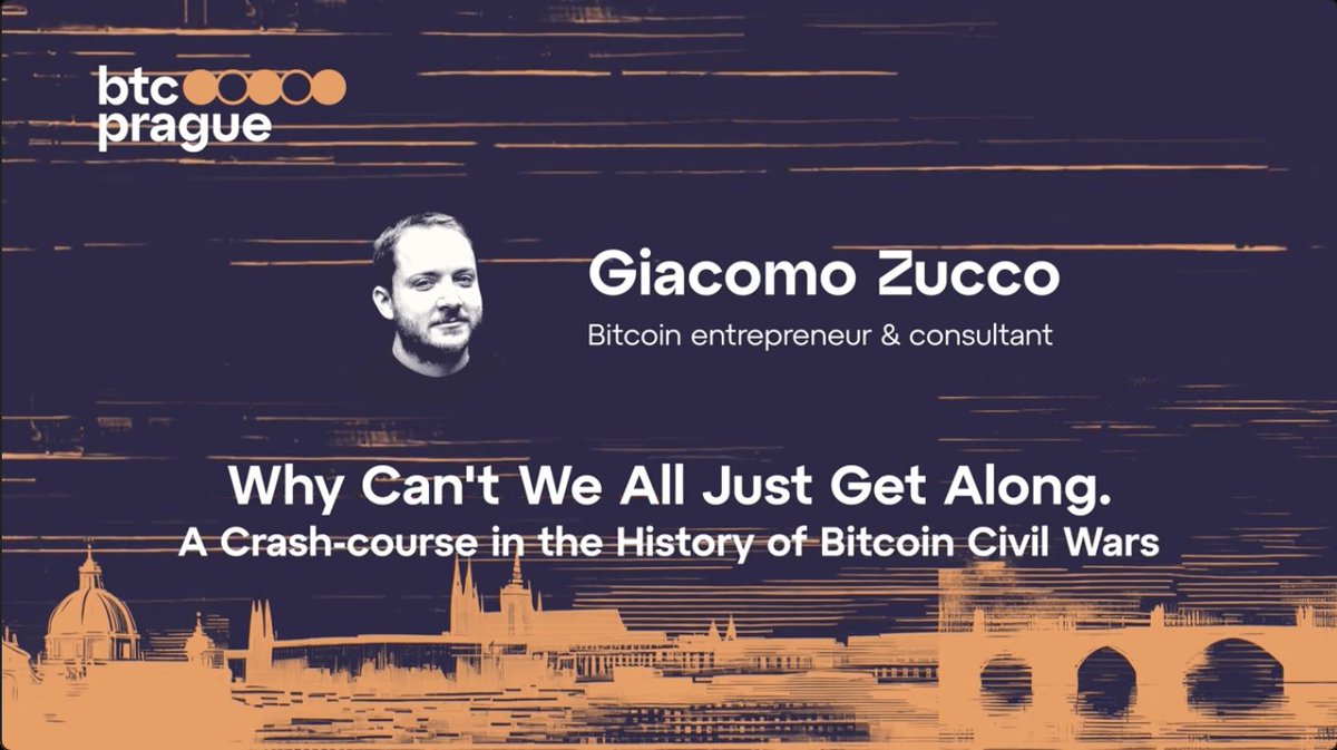 “This is about peace, this is about being nice to each other by understanding why we fight.” This is how Giacomo Loathsome Bitcoin Destroyer Zucco opens his #BTCPrague “Crash-course in the History of #Bitcoin Civil Wars”. Link to YouTube in the reply ⬇️⬇️⬇️