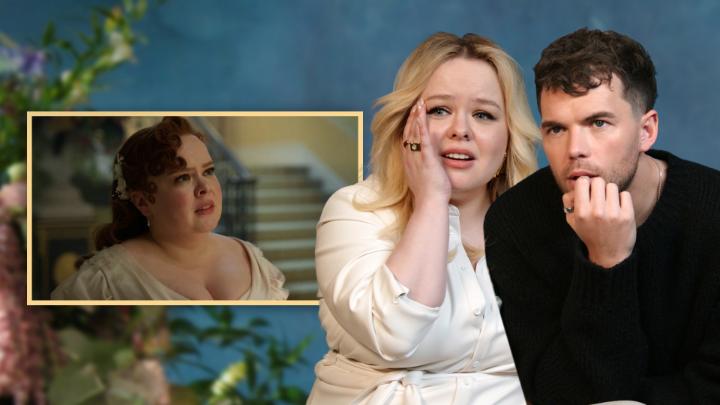 Nicola Coughlan and Luke Newton react to Polin's wedding fight.