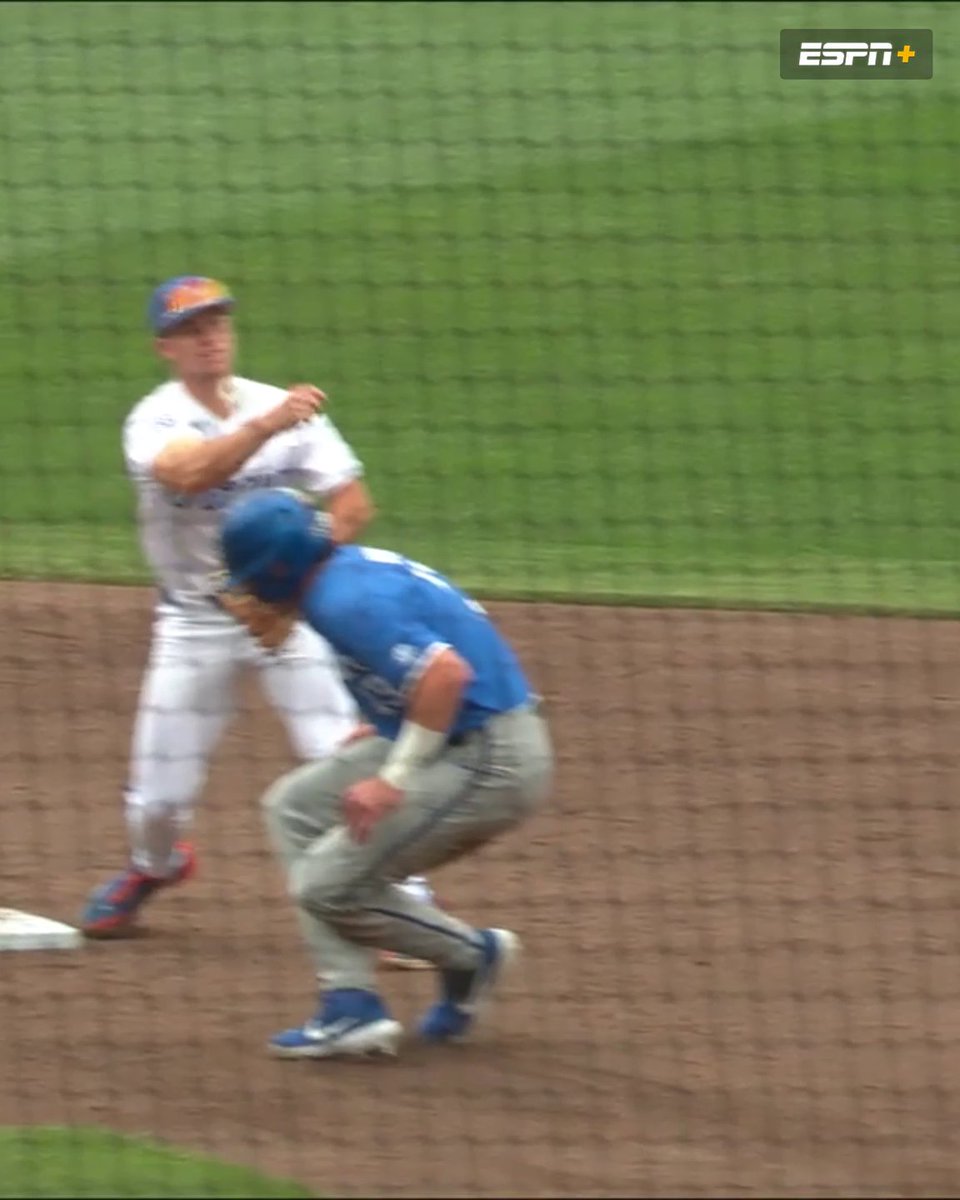 Double play off the helmet 😮 After review, the base runner was ruled out for interference.