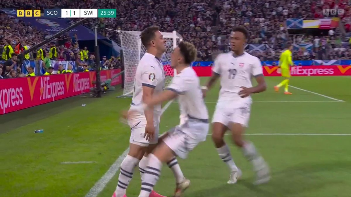 What a hit! 😱 Xherdan Shaqiri levels it up with stunning finish ☄️ #SCOSUI #BBCEuros #Euro2024