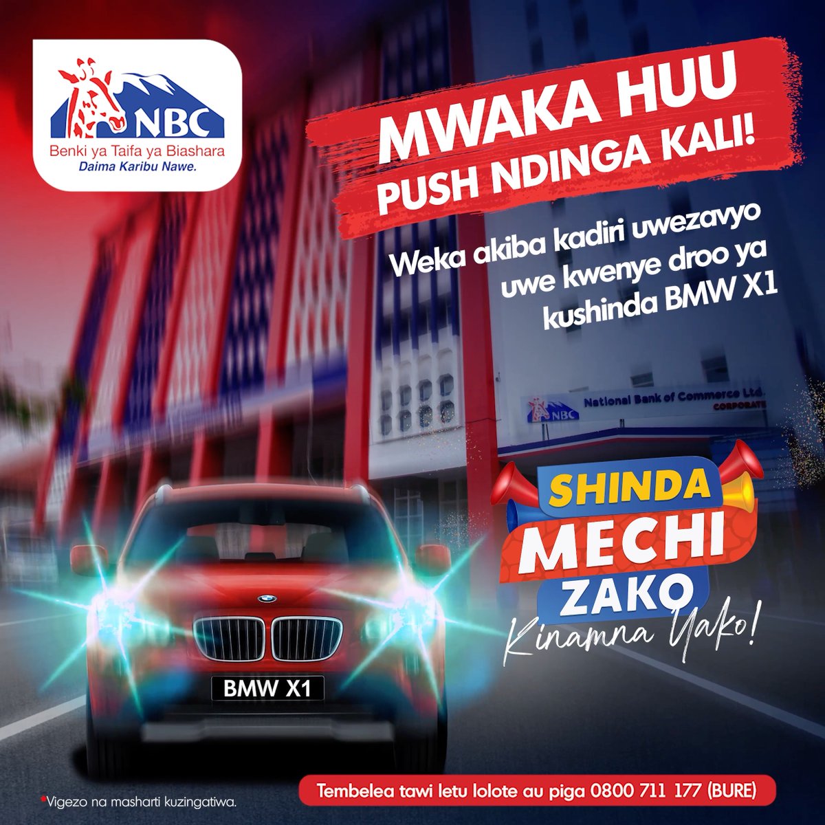 Wewe mwenyewe unafunguo ya maisha yako. Mwaka huu unaweza kuitwa Baba au Mama mwenye BMW X1. Fungua akaunti ya NBC, weka akiba, uwe kwenye droo ya kushinda BMW X1 na mazawadi kibao kila mwezi. Tembelea tawi lolote la NBC au piga 0800 711 177 (BURE) #ShindaMechiZako
