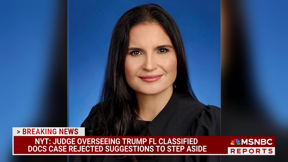 BREAKING: Judge Aileen Cannon, who is overseeing Donald Trump's FL classified docs case, rejected suggestions to step aside.