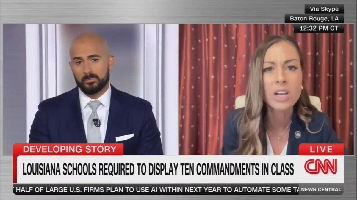 CNN's Boris Sanchez: “What do you say to the parents of students, or even teachers, who don't share your religious views?” Louisiana State Rep. Lauren Ventrella (R), who co-authored a bill that requires the Ten Commandments be displayed in public schools: “Don't look at it.”