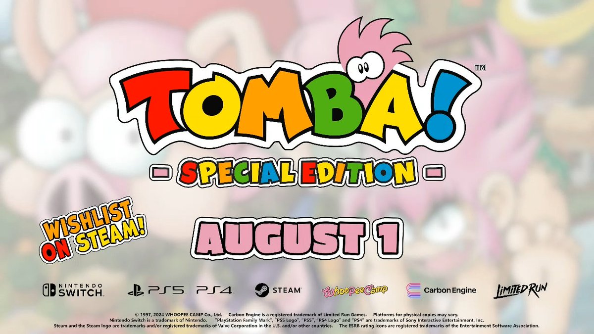 A platforming masterpiece from the menacing mind behind Mega Man 2, Bionic Commando, and Ghosts ‘n Goblins. Bite pugnacious pigs and hurl sinister swine as the titular Tomba! Physical editions open for pre-order on July 19th, so wishlist now: