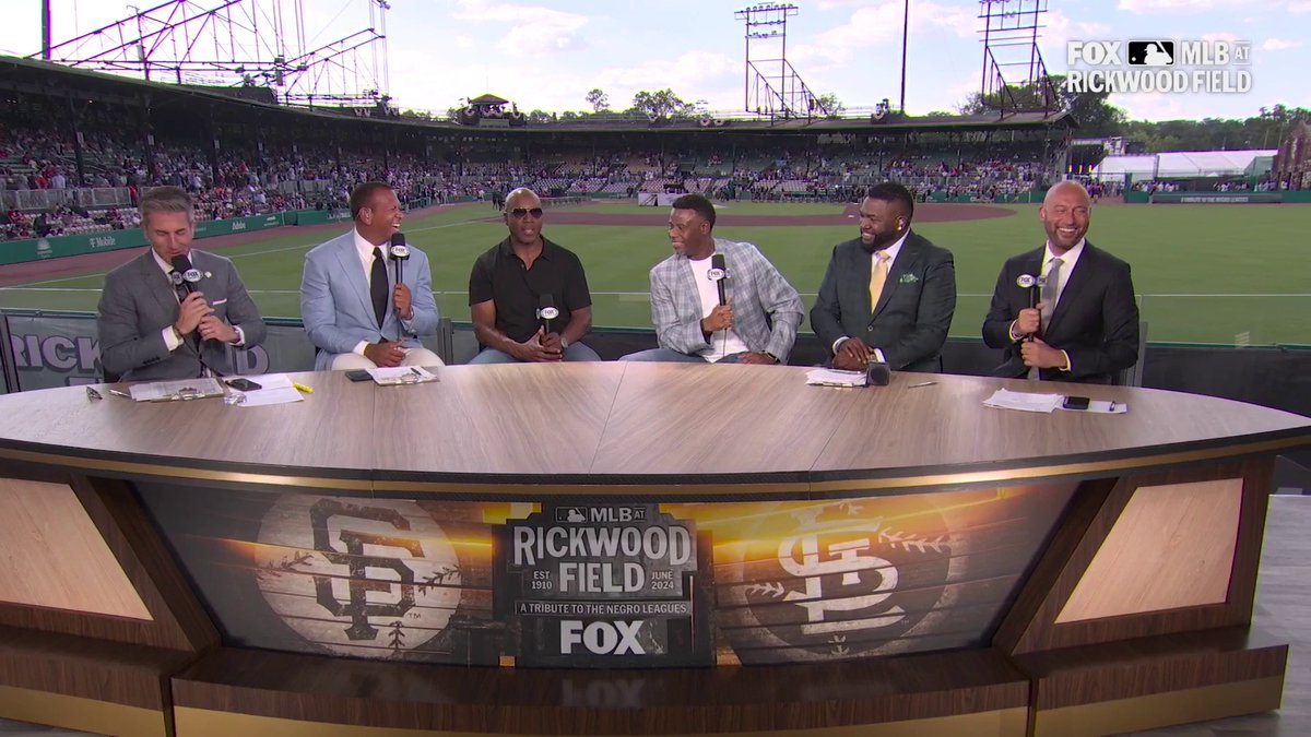 Our pregame show desk is just stacked with legends right now 🔥 A big thanks to Barry L Bonds and Ken Griffey Jr. for joining our set live at Rickwood Field ⚾️ Kevin Burkhardt | Alex Rodriguez | David Ortiz | Derek Jeter
