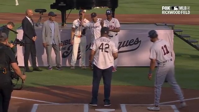 99-year-old Bill Greason, a former Birmingham Black Baron and St. Louis Cardinal, delivers the first pitch. #MLBatRickwood