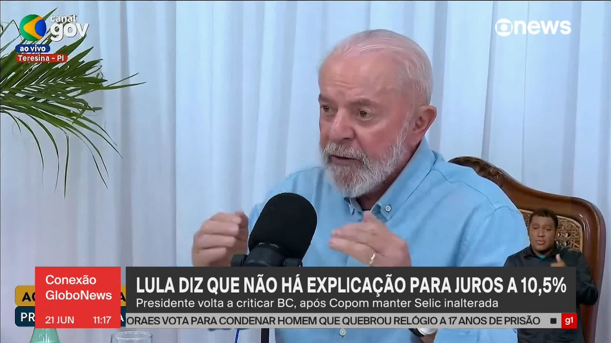 Lula volta a criticar a não redução da Selic e declara: “A taxa de juros fica a 10,5% sem nenhuma explicação e nenhum critério”. ➡ Assista ao #ConexãoGloboNews: #GloboNews