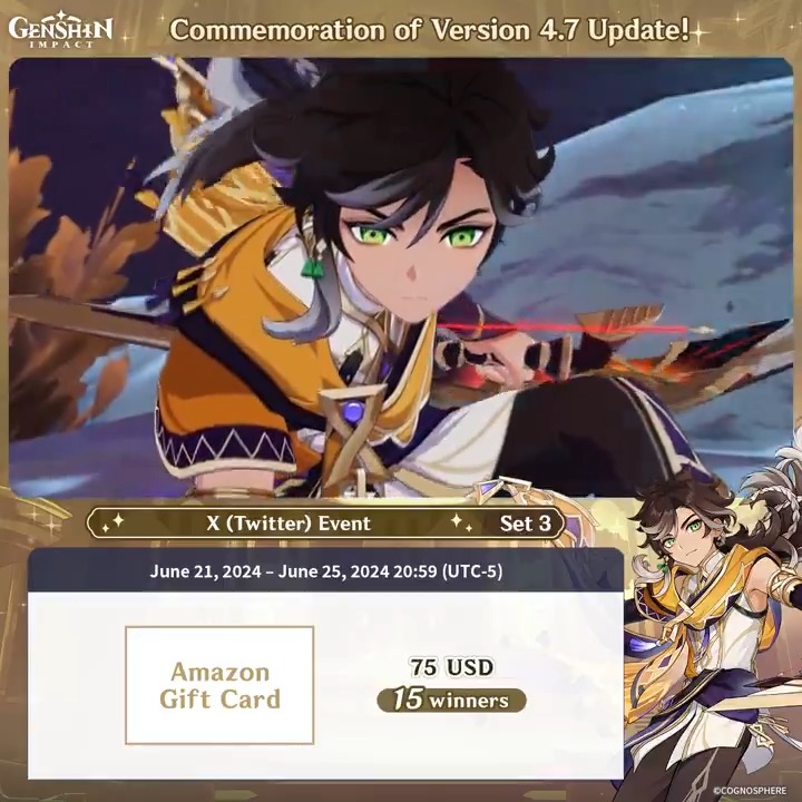 ✨Set 3✨ Commemoration of Version 4.7 Update 🎁Participate in the event for a chance to win a $75 Amazon gift card. How to Participate: ① Follow Genshin Impact ② Retweet this post You can instantly check the event results here>>> #GenshinImpact4ꓸ7