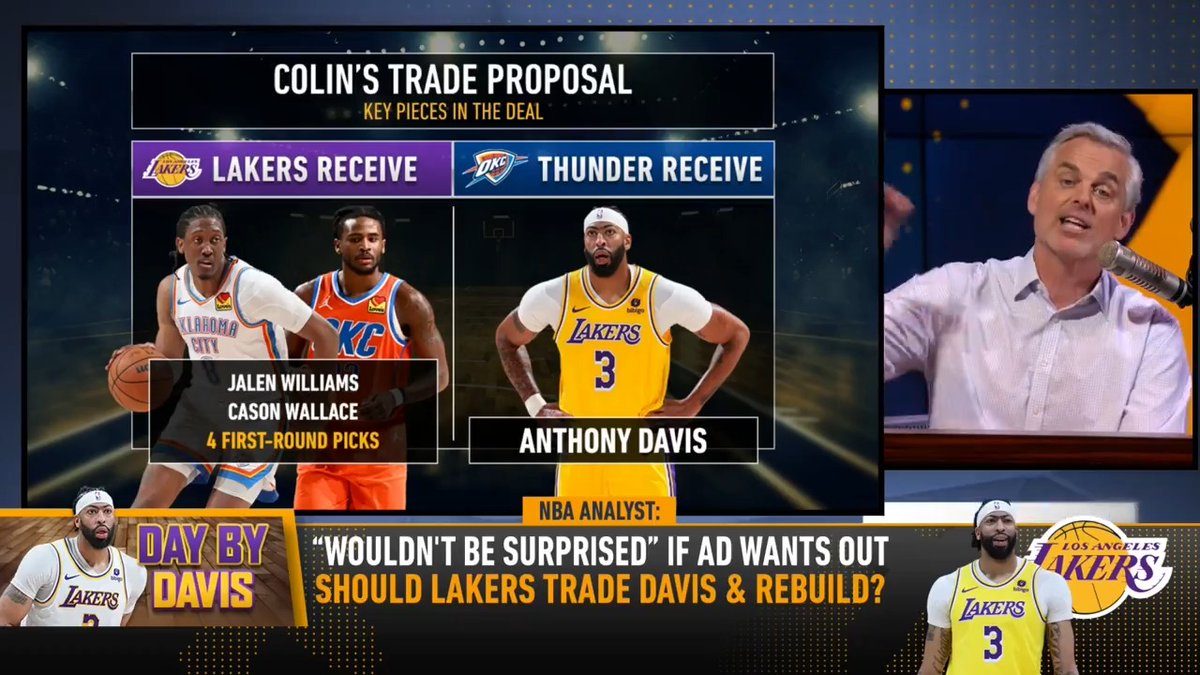 Colin Cowherd’s trade idea: Thunder receive: Anthony Davis Lakers receive: Jalen Williams Cason Wallace First-Round Pick First-Round Pick First-Round Pick First-Round Pick (🎥 Herd w/Colin Cowherd )