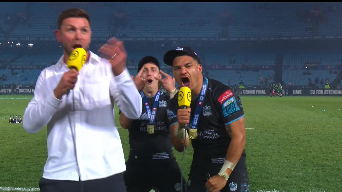 🗣️ "I'm speechless. I'm without speech." ryan wilson speaks to an ecstatic trio of Jack Dempsey, Sione Tuipulotu and Josh McKay after Glasgow Warriors' URC Grand Final win today ⚔️