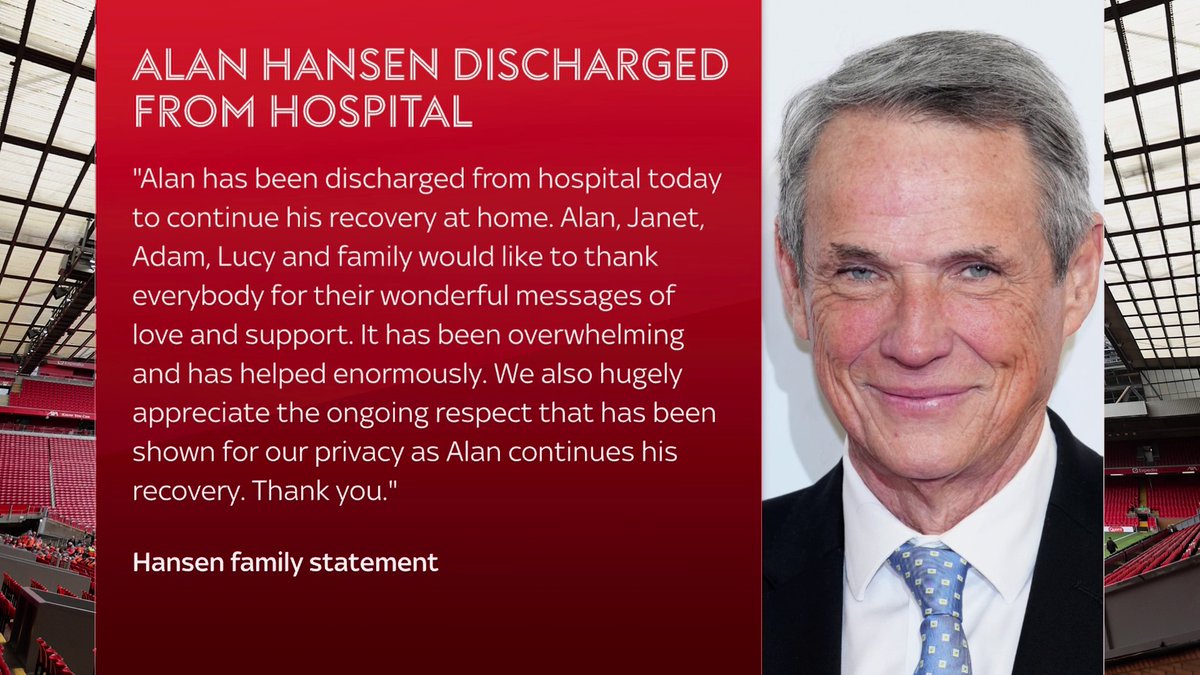 BREAKING: Liverpool football club have confirmed that Alan Hansen has been discharged from hospital to continue his recovery at home 👇