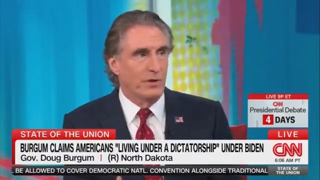 Q: You're calling the democratically elected president a 'dictator?' Trump VP contender Doug Burgum: He signed executive orders Collins: I don't think anyone expects the Republican governor to agree with President Biden on everything. But it's not a dictatorship Burgum: I'm just trying to make a point here Collins: Well, I counted. Tump signed 220 executive orders when he was in office. President Biden so far, has only signed 139 in the same timespan. And on executive action on immigration, it was Speaker Mike Johnson who was calling on President Biden to take executive action, saying it wasn't Congress' responsibility, it was his