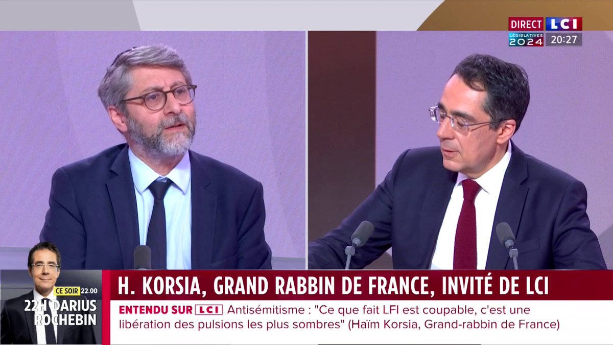 🗣️ Législatives : "Je ne voterai jamais pour LFI, c'est impensable. Et je ne voterai pas Front national. Et donc il y a le fait de mettre un bulletin blanc." Haïm Korsia (Haïm Korsia), Grand Rabbin de France, invité de Darius Rochebin ⤵️