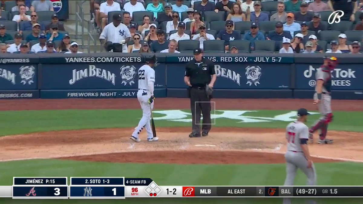 Juan Soto tried to call time against Joe Jiménez, but the umpire does not grant it. Strike three. Inning over.