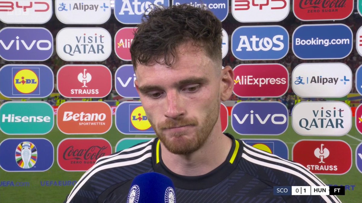 "Thank you to the country, we felt everyone behind us. Sorry for letting you down." 💔 An emotional Andy Robertson reacts to Scotland's exit from #Euro2024 #SCOHUN