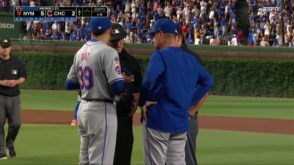 Edwin Díaz was ejected from the game before throwing a pitch after umpires checked him for sticky stuff (via ESPN)