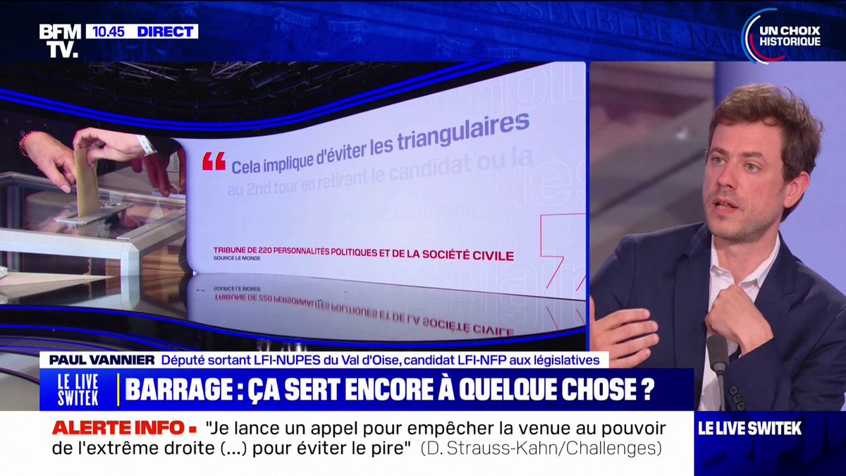 "Nous ferons toujours la différence": Paul Vannier (LFI) évoque l'hypothèse d'une triangulaire face à "un candidat d'extrême droite raciste"