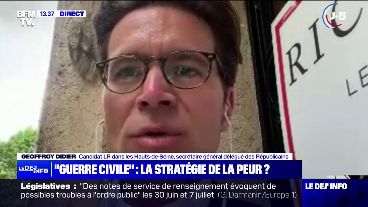 💬 "Les propos du président de la République sont irresponsables" Geoffroy Didier, candidat LR aux élections législatives dans les Hauts-de-Seine, s'insurge contre les propos d'Emmanuel Macron sur les programmes des "extrêmes" qui mèneraient "à la guerre civile"