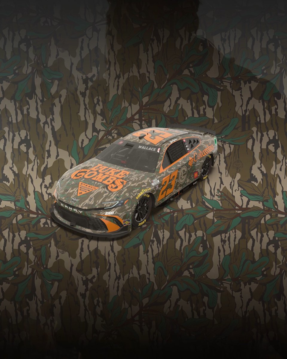 Don’t blink or you’ll miss Bubba Wallace and 23XI Racing in the Columbia No. 23 Toyota with a camo design inspired by the upcoming Luke Combs 🎤 Performance Hunting Gear collection.
