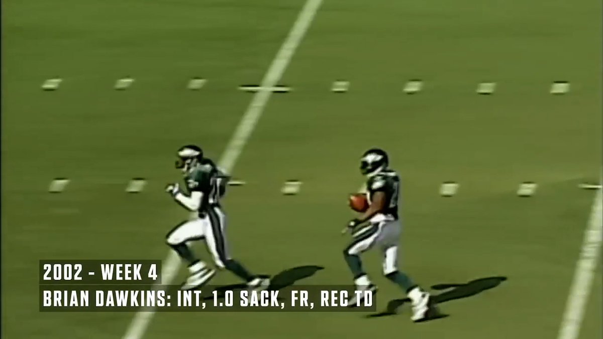 Only Brian Dawkins could get a sack, a pick, a fumble recovery, and a receiving TD all in the same game 😳