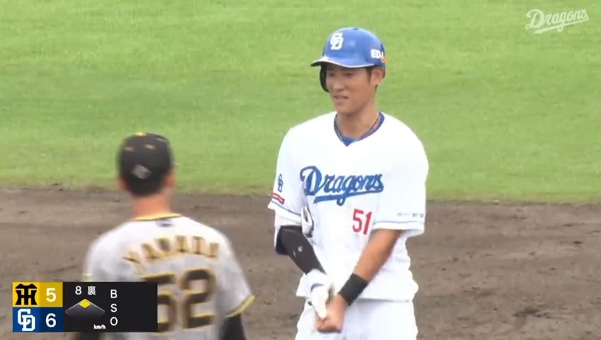 ⚾#ウエスタン・リーグ 中日 #上林誠知 選手が4打席目に2ベースヒットを放ちサイクルヒット達成🤩🎊 1⃣右適時打 2⃣右中本塁打 3⃣中適時三塁打 4⃣右二塁打🎉 🆚#中日 vs #阪神 *新プラットフォーム #プロ野球 #ファーム #dragons
