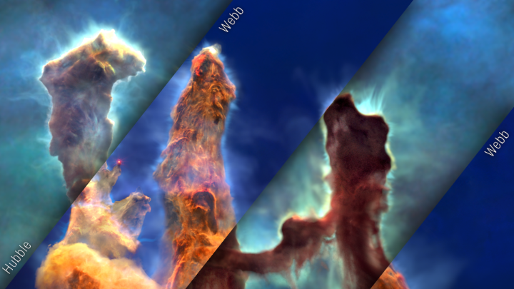 Let’s work it out on the remix 🫶 When Hubble and NASA Webb Telescope get together, the internet always goes crazy. Float through multiwavelength views of the iconic Pillars of Creation in this new 3D visualization. More on how it was made: