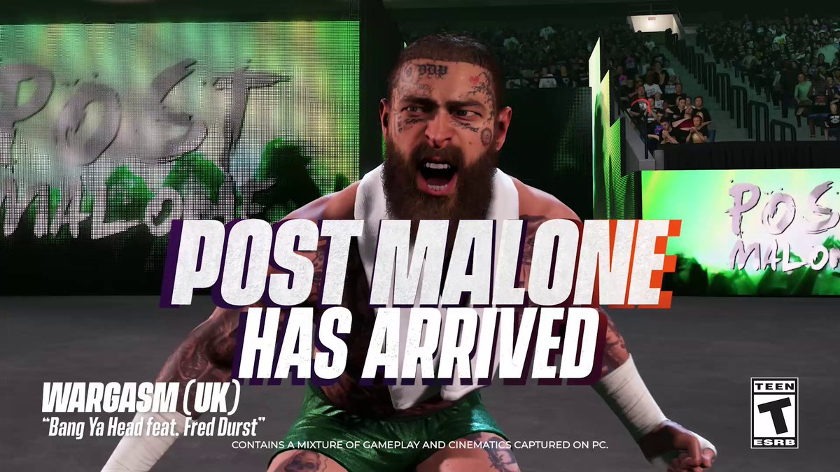 Crush the competition with the Post Malone &amp; Friends Pack! 🎤 Join 9-time Diamond-certified artist Post Malone &amp; WWE legends Sensational Sherri, Mosh, Thrasher, &amp; Honky Tonk Man w/ Jimmy Hart in the ring to start the party 🎶 #WWE2K24