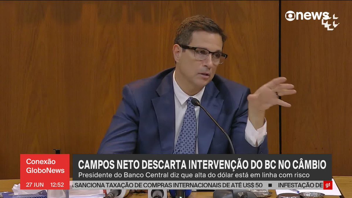 Roberto Campos Neto descarta intervenção do Banco Central no câmbio. Presidente do BC diz que alta do dólar está em linha com risco. ➡ Assista ao #ConexãoGloboNews: #GloboNews