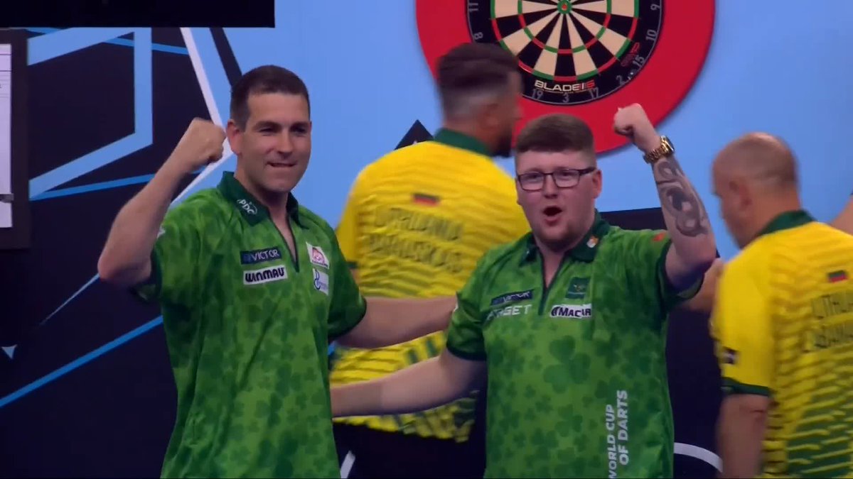 IRELAND OFF AND RUNNING! 🇮🇪 2019 runners-up Republic of Ireland are off and running in Frankfurt, as Keane Barry and World Cup ever-present William O'Connor celebrate a 4-2 success against Lithuania! 📺 #WorldCupofDarts | Group E