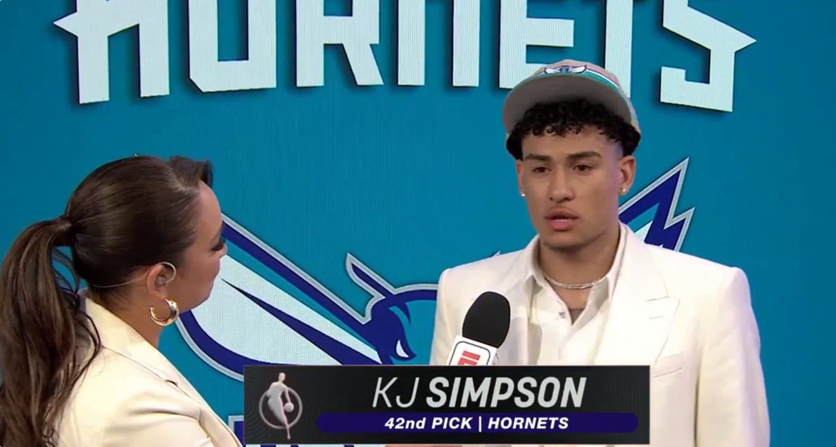 KJ Simpson is very emotional in his interview on ESPN following his draft selection by the Charlotte Hornets. 🥹 "I'm just gonna be an all-around player and go out there and do whatever the team needs me to do. I'm gonna run through a brick wall for them."