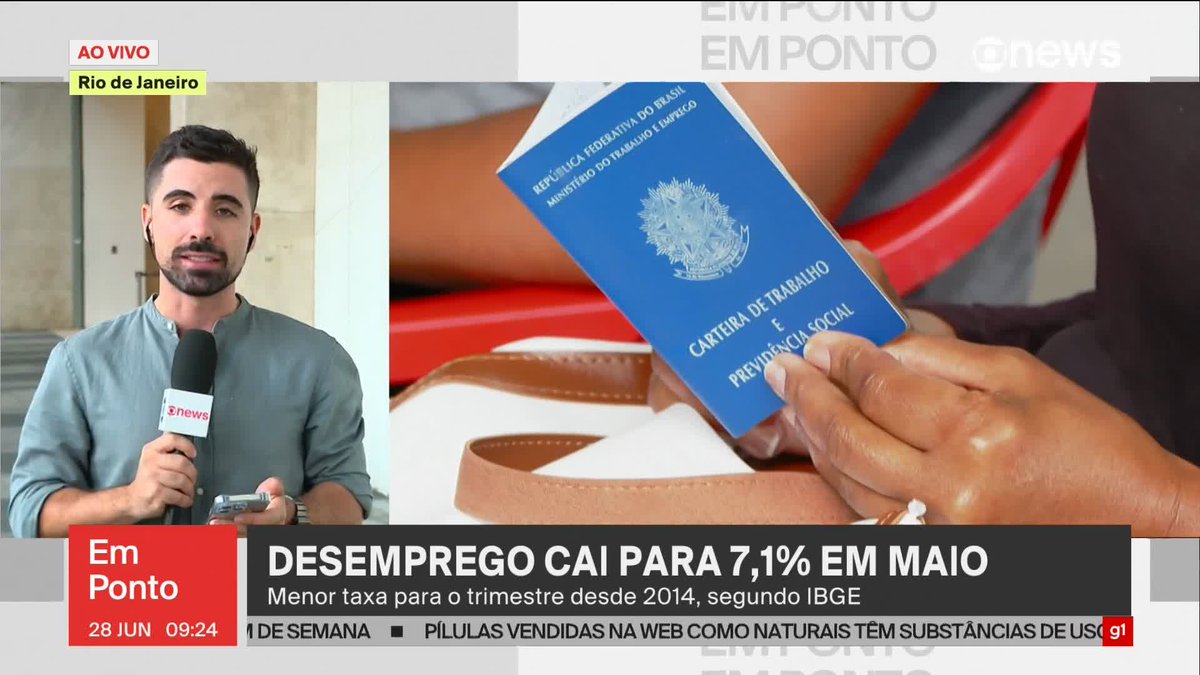 Desemprego cai a 7,1% no trimestre terminado em maio, diz IBGE. ➡ Assista ao #GloboNewsEmPonto: #GloboNews