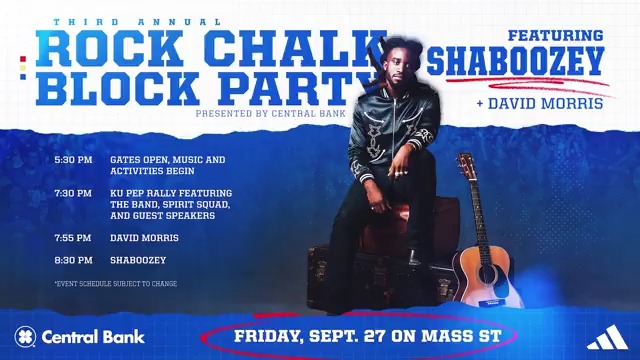 Party downtown on Mass Street 🎶 The 3rd Annual Rock Chalk Block Party, headlined by Shaboozey Friday night, Sep. 27 • Free Admission Central Bank of the Midwest | adidas