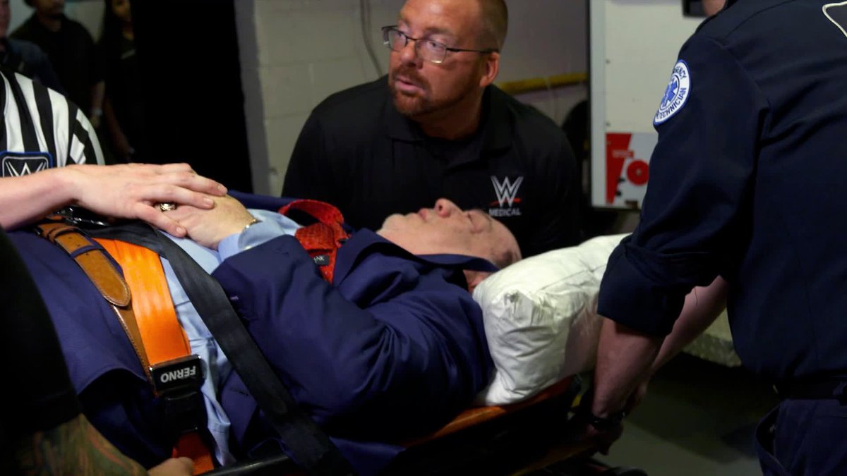 EXCLUSIVE: WWE Hall of Famer Paul Heyman leaves MSG inside of an ambulance after a brutal beatdown by #TheBloodline. #SmackDown