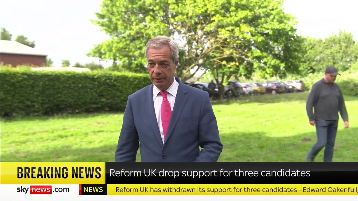 BREAKING: Reform UK has withdrawn support from three of its candidates, the party has confirmed Nigel Farage's party is no longer backing Edward Oakenfull, Robert Lomas, and Leslie Lilley - who were all previously candidates for Reform 📺Sky 501 and YT