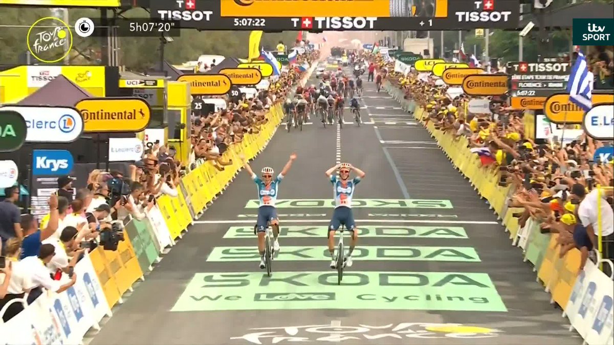 WHAT A SENSATIONAL FINISH! Romain Bardet wins stage 1 and takes his FIRST yellow jersey! 🇫🇷💛 #TDF2024