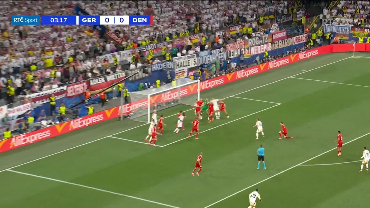 🇩🇪 0-0 🇩🇰 Germany have the ball in the net from a Nico Schlotterbeck header but it's been ruled out for a foul on Kasper Schmeichel #EURO2024 📺RTÉ2 RTÉ Player 📱Live updates