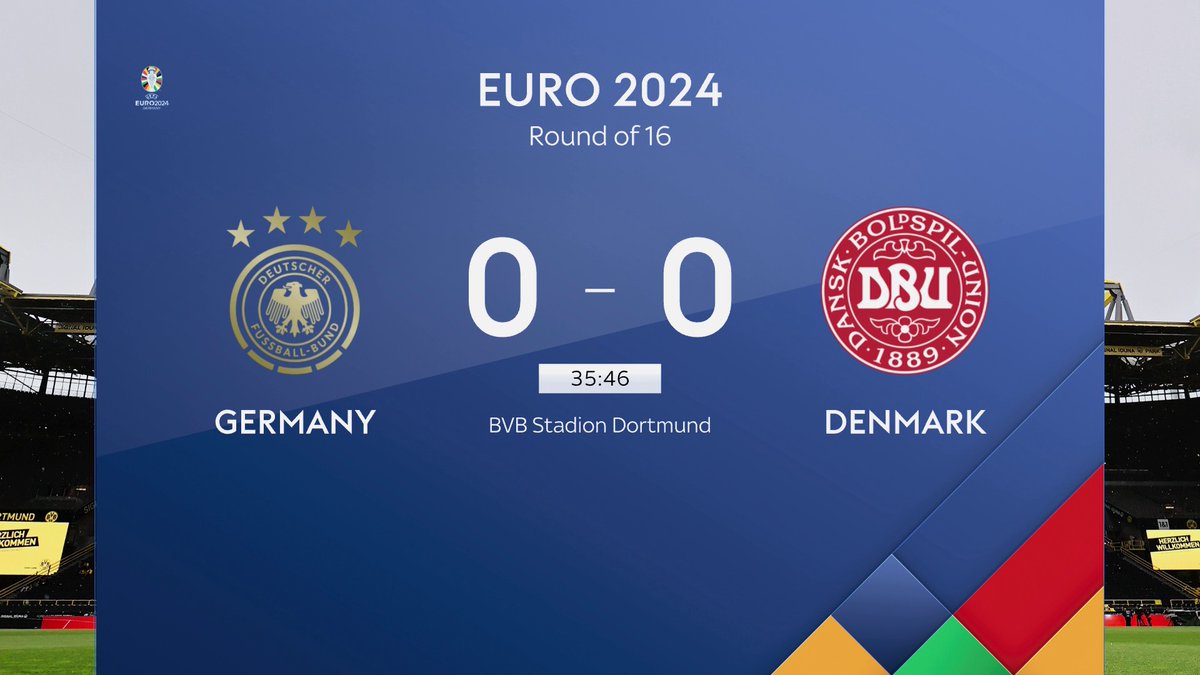 There is a halt in play in the Euro 2024 last 16 tie between Germany and Denmark due to the weather ⛈️
