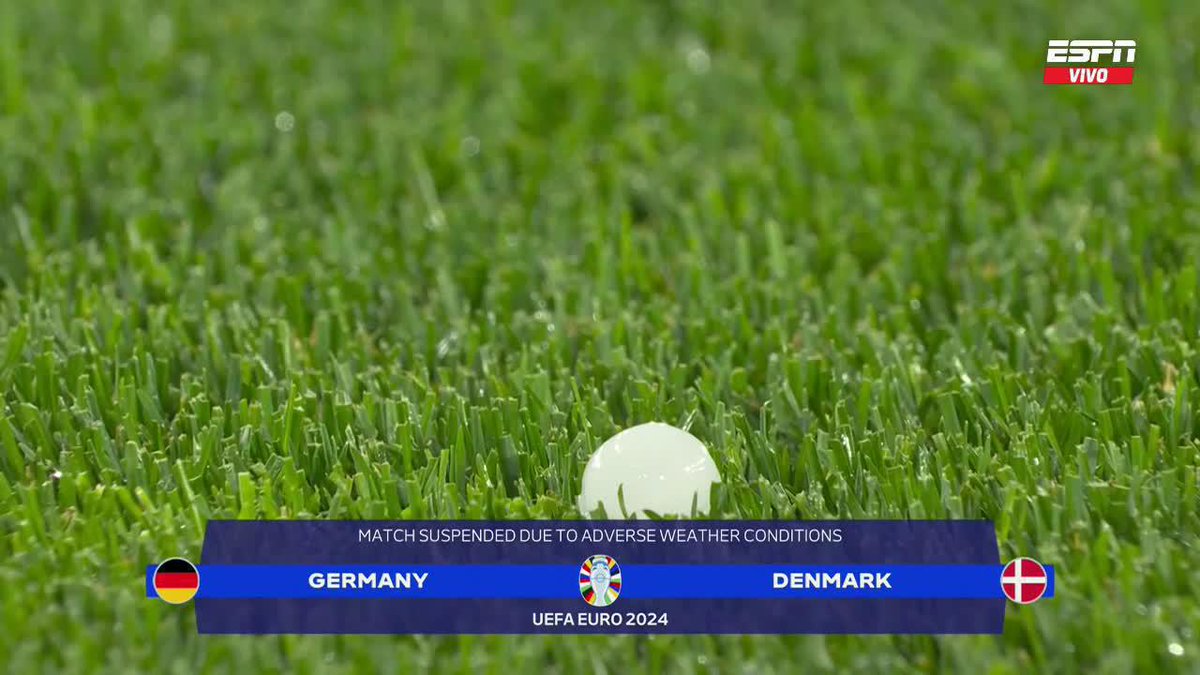 "Tormenta eléctrica" Por la suspensión de Alemania y Dinamarca por la Eurocopa debido al mal clima. Caen dos piedritas y ya se van el vestuario. Llegan a jugar en la altura o a 40 grados en Barranquilla y no juegan más los europeos hijos de re mil puta.
